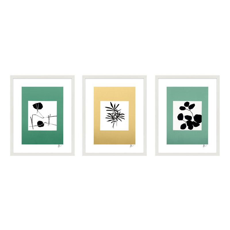 Modern Botanical. Set Of 3 Painting by Lee Lessem, 25" H x 60" W x 1.25" D, White Framed