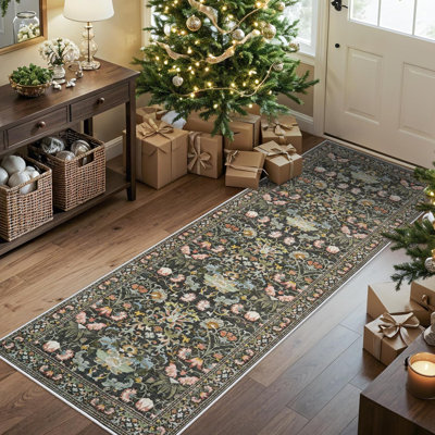 Tapis de couloir lavable: tapis de cuisine à motif floral rétro avec envers antidérapant, tapis à faible épaisseur et résistant à l'eau pour le salon, tapis doux pour la salle à manger, salle de bain (vert)
