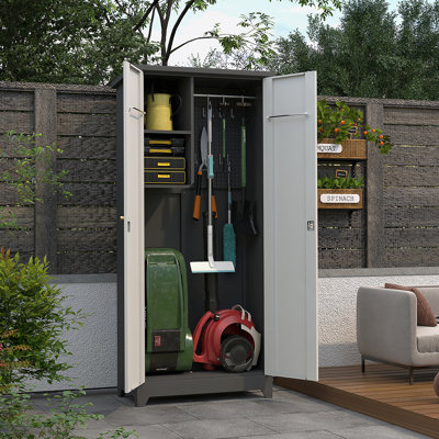 Armoire extérieure en métal, en acier inoxydable, grande capacité, verrou sécuritaire pour le vol, imperméable et résistant à l'humidité, avec tablettes, armoire de rangement pour outils de nettoyage