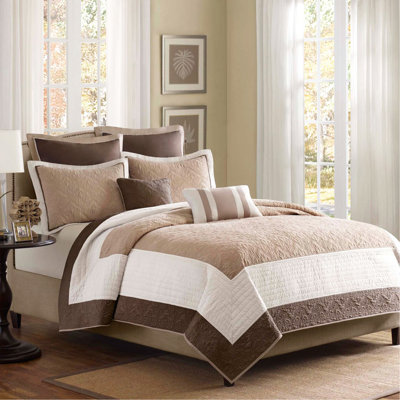 Ensemble de courtepointe 7 pièces avec taies décoratives européennes et coussins décoratifs beige double / grand