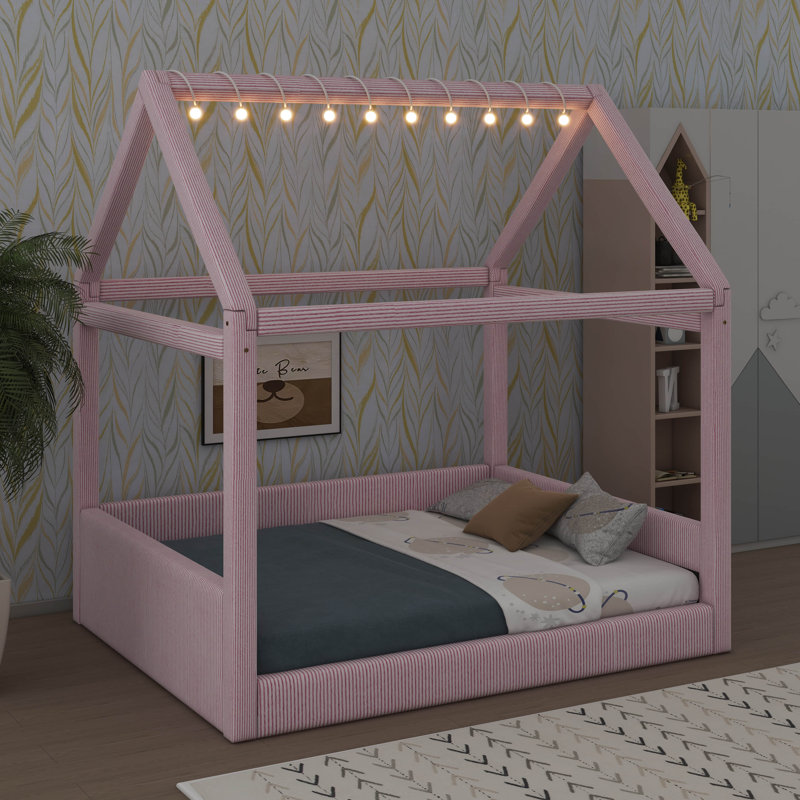 Full Size Textile-Finished House Daybed With Integrated LED Light Bands, Beige