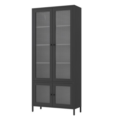 Large Metal Storage Cabinet Display Cabinet with 4 Glass Doors 5 Shelves Side Cabinet Bookcase Freestanding Cabinet for Bedroom Living Room Pantry Home Office - Black, Waffle-Grids Tempered Glass