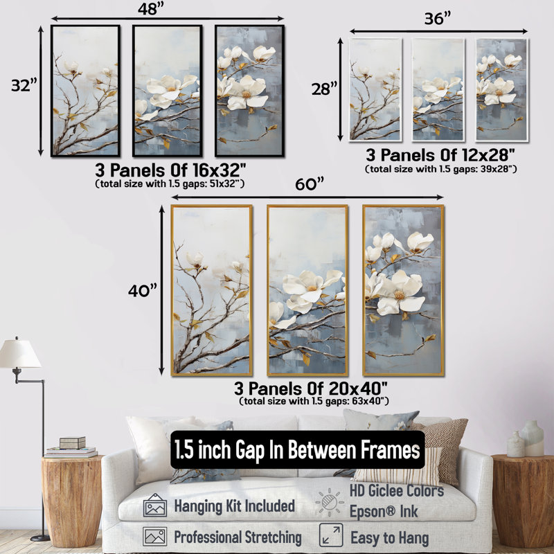 Ensemble de décorations murales Magnolias Bloom In White I - Magnolias, Cadre flottant doré, H 40 po x l 60 po x P 1 po