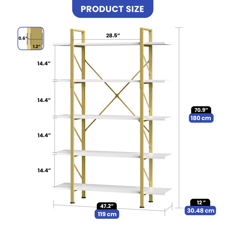 47.2" W x 70.9" H 5-Level Bookcase in White Gold
