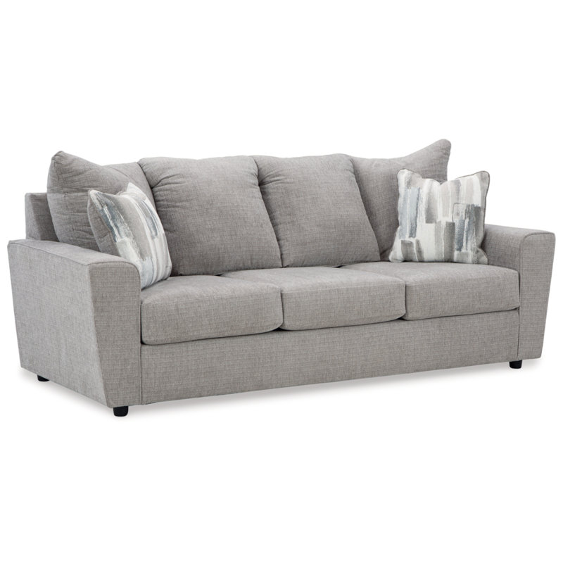 Gray Fabric Stationary Sofa with Flared Arms and Accent Pillows