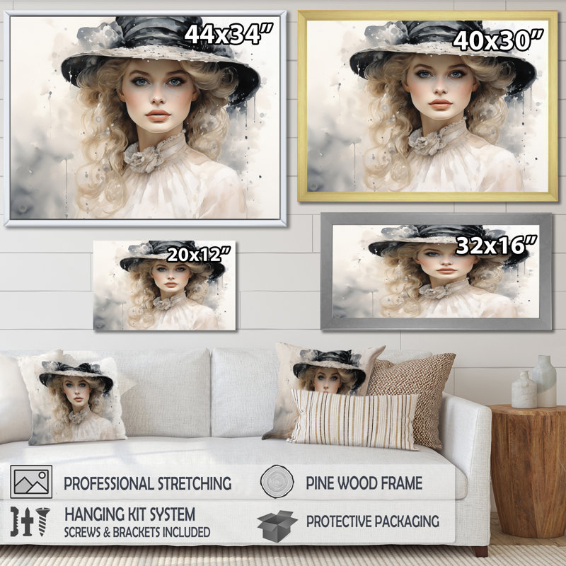«Fashion Woman with Hat Timeless Beauty I», reproduction d'art sur toile, H 16 po x l 32 po x P 1 po, Cadre flottant doré