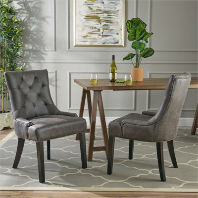 Ensemble de 2 fauteuils modernes avec dossier capitonné, revêtement en microfibre ardoise et pieds en bois massif, sièges de salle à manger