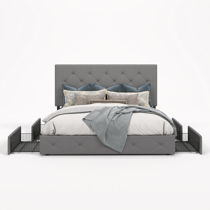 Silvester Modern Upholstered Platform Storage Bed with Wooden Slats, no box spring needed, Queen