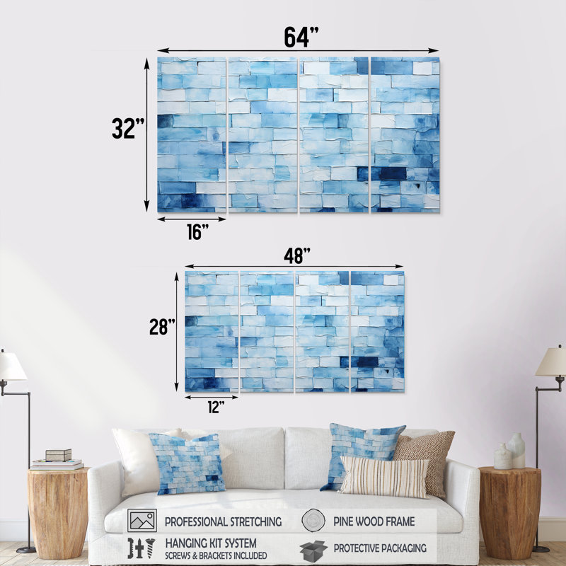 «White and Blue Scandinavian Tiles I - Boho Mosaic», art mural 4 pièces, H 28 po x l 48 po