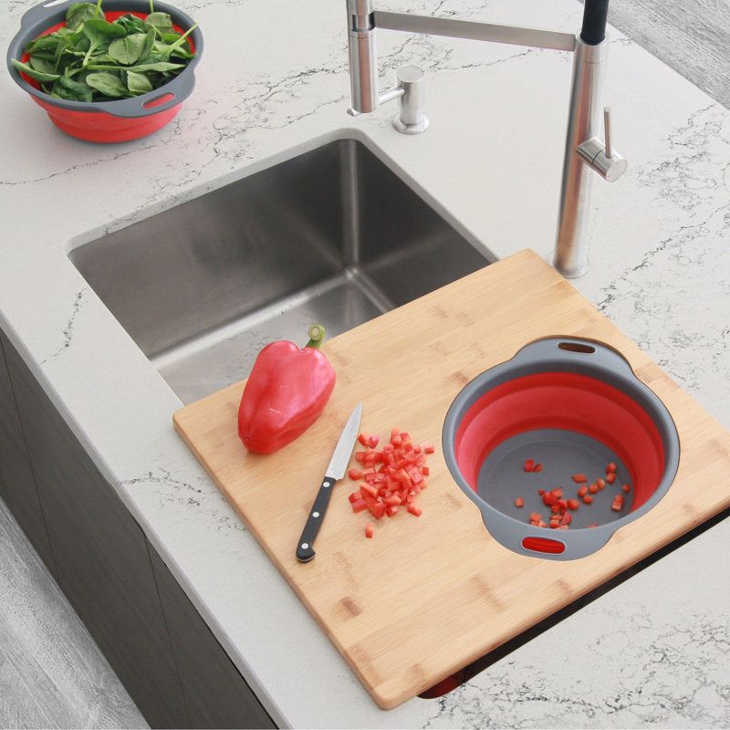 STYLISH Core Bamboo Over the Sink Cutting Board with Collapsible Bowl and Collander