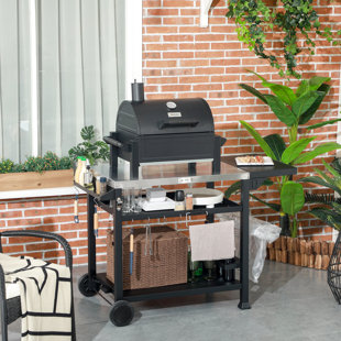 Movable Outdoor Cooking Cart, 46" X 21.75", Stainless Steel, Foldable Side Table, , Black Portable Serving