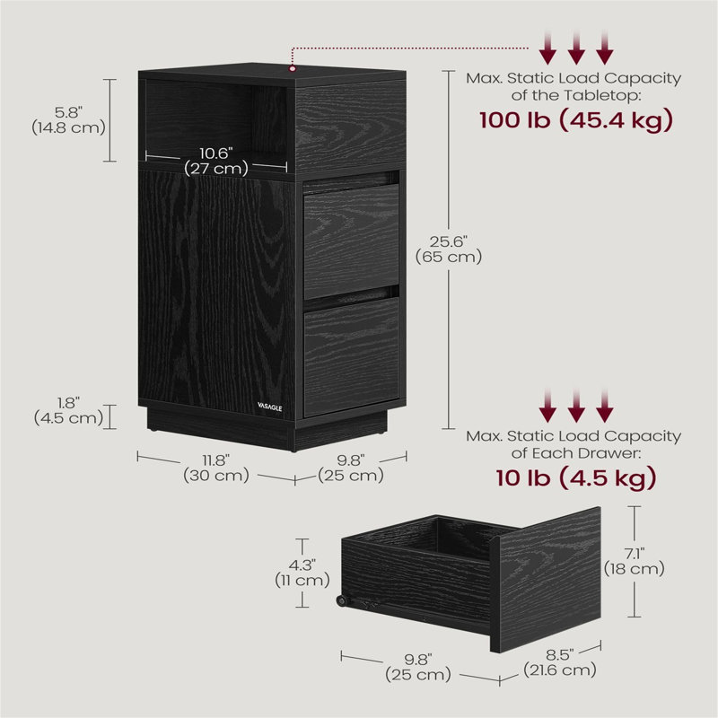 25cm W Bedside Table, Black