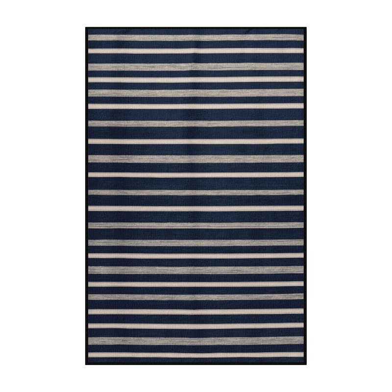 Washable Navy Light Gray Striped Area Rug, Round 5'