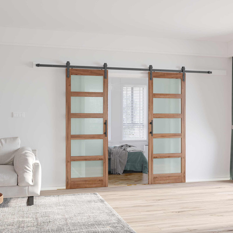 Porte de grange double en bois manufacturé en verre brun avec trousse de quincaillerie d'installation, 60" x 80"
