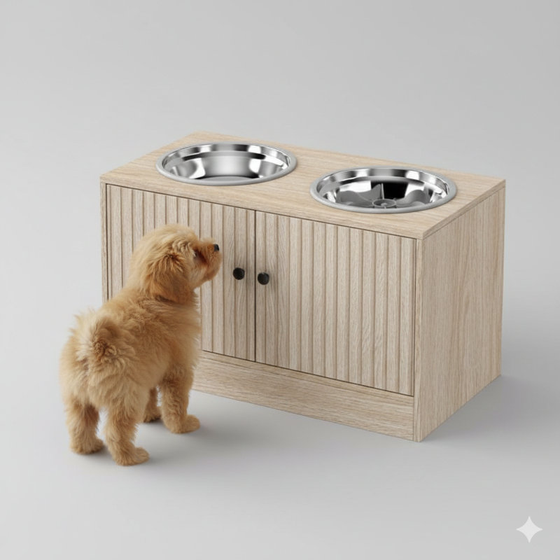 Bols surélevés pour chien avec armoire de rangement