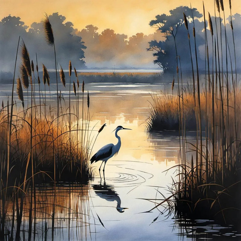 Marshlight Stillness Heron au coucher du soleil, H 40 po x l 40 po