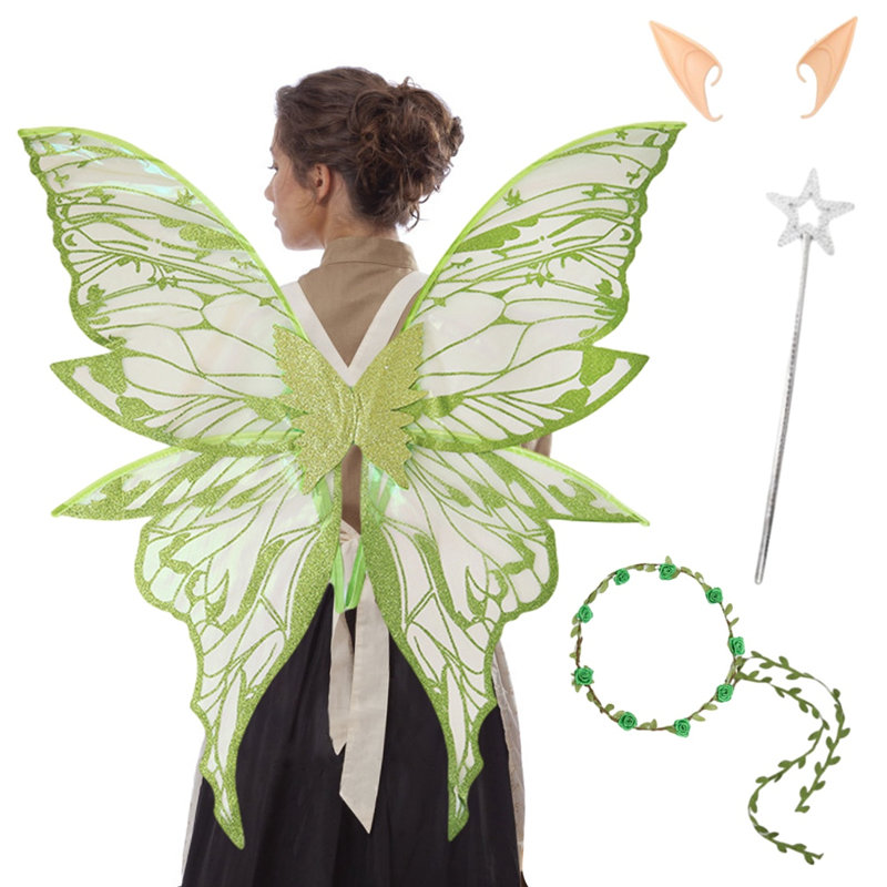 4Pcs Cute Flower Crown Fairy Costume Set, Star Wand Elf Ears Fairy Butterfly Wings Dress-Up, Gold Foil Sparkling Angel Wings