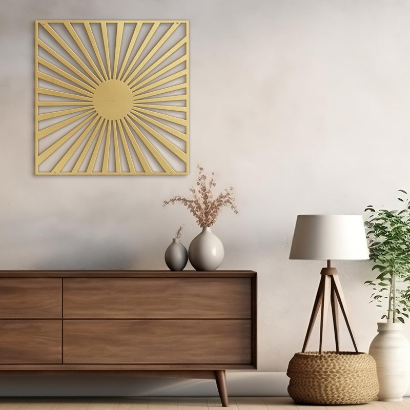 Sun Rays Burst, Black Gold Metal Wall Accent, Minimalist Modern Contemporary Home Decor, 30" H x 30" W x 0.05" D, Gold