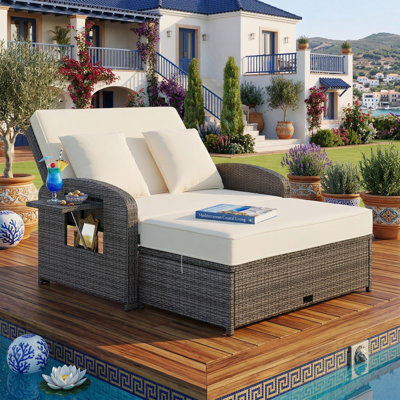 43.1" Wide Double Wicker Chaise Lounge - 2-Person Reclining Daybed With Adjustable Back - White Rattan Sofa With Storage Footrest & Free Protection Cover