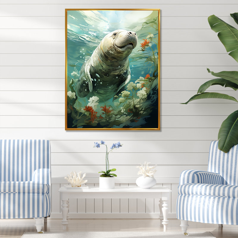 «Green Manatee Grace 1» - art mural animaux côtiers, Cadre flottant doré, H 32 po x l 24 po