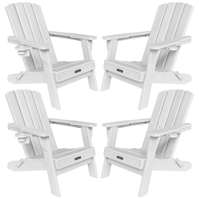 Set of 4 HDPE Outdoor Adirondack Chair Wood Texture Folding Firepit Chair  With  Cup Holder, White