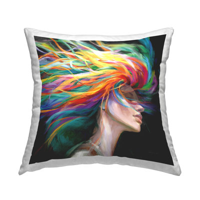 Woman with Rainbow Hair Decorative Printed Throw Pillow Design by Danhui Nai