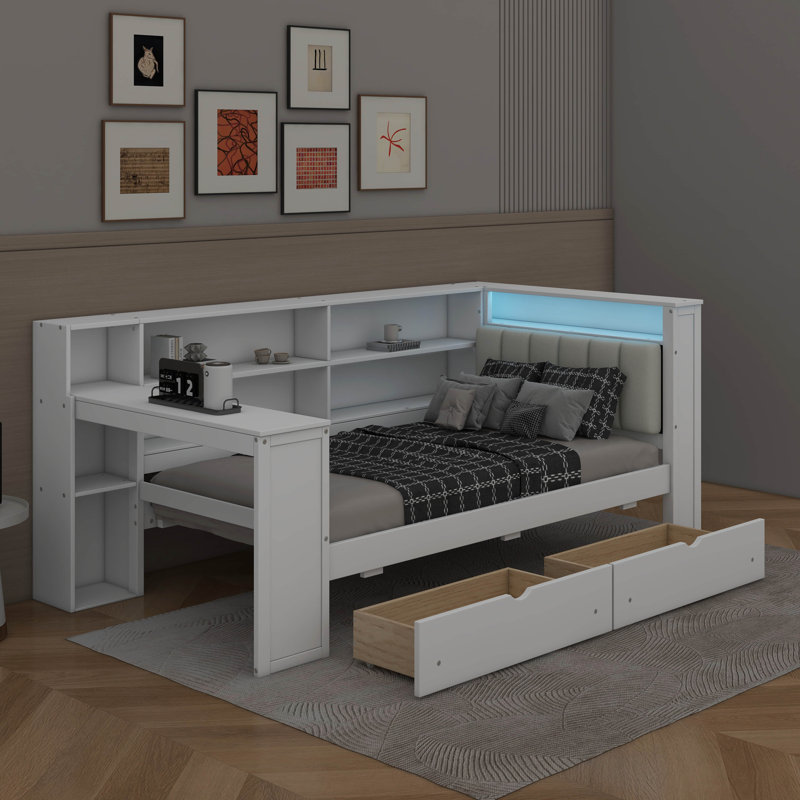 Lit plateforme simple avec tablettes de rangement, tiroirs, station de charge, DEL, bureau, Blanc / beige