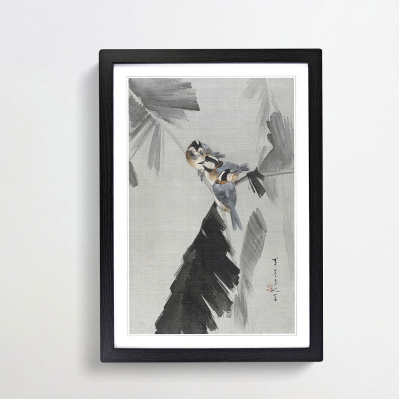 Three Birds on a Branch by Watanabe Seitei - Picture Frame Painting Print, Black, 91cm H x 60cm W x 2cm D