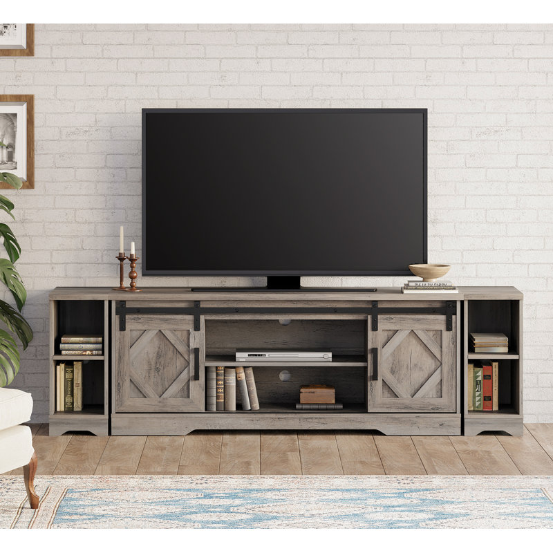 Laziza 78.7" W Wood TV Stand with Open Storage and Barn Doors, Gray