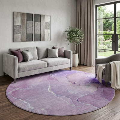 Tapis rond lavable abstrait mauve et ivoire 8 pi avec protection UV