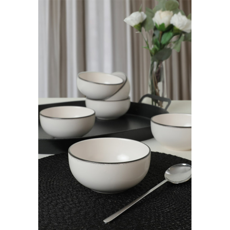 Elegant 6-Piece Ceramic Bowl Set, Black & White | 14.2 x 14.2 x 4.7 inches | 100% Antibacterial, Easy Clean, Dishwasher & Microwave Safe | Non-Absorbent, Durable, Perfect for Serving & Storage