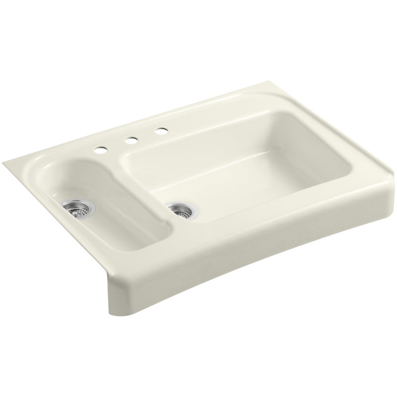 Assure 36" L x 25-1/2" W x 6-7/8" Barrier-Free Tile-In/Under-Mount Double Kitchen Sink, 3 Hole, Biscuit