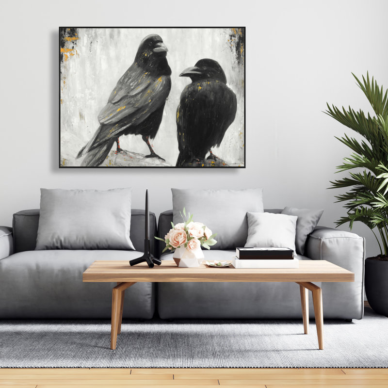 Two Crows Birds - Gray Hyperrealist Framed Canvas Art