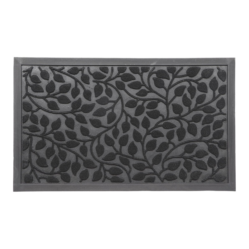 Heavy-Duty Dirt-Trapping Rubber Doormat with Raised Leaf Pattern, Black