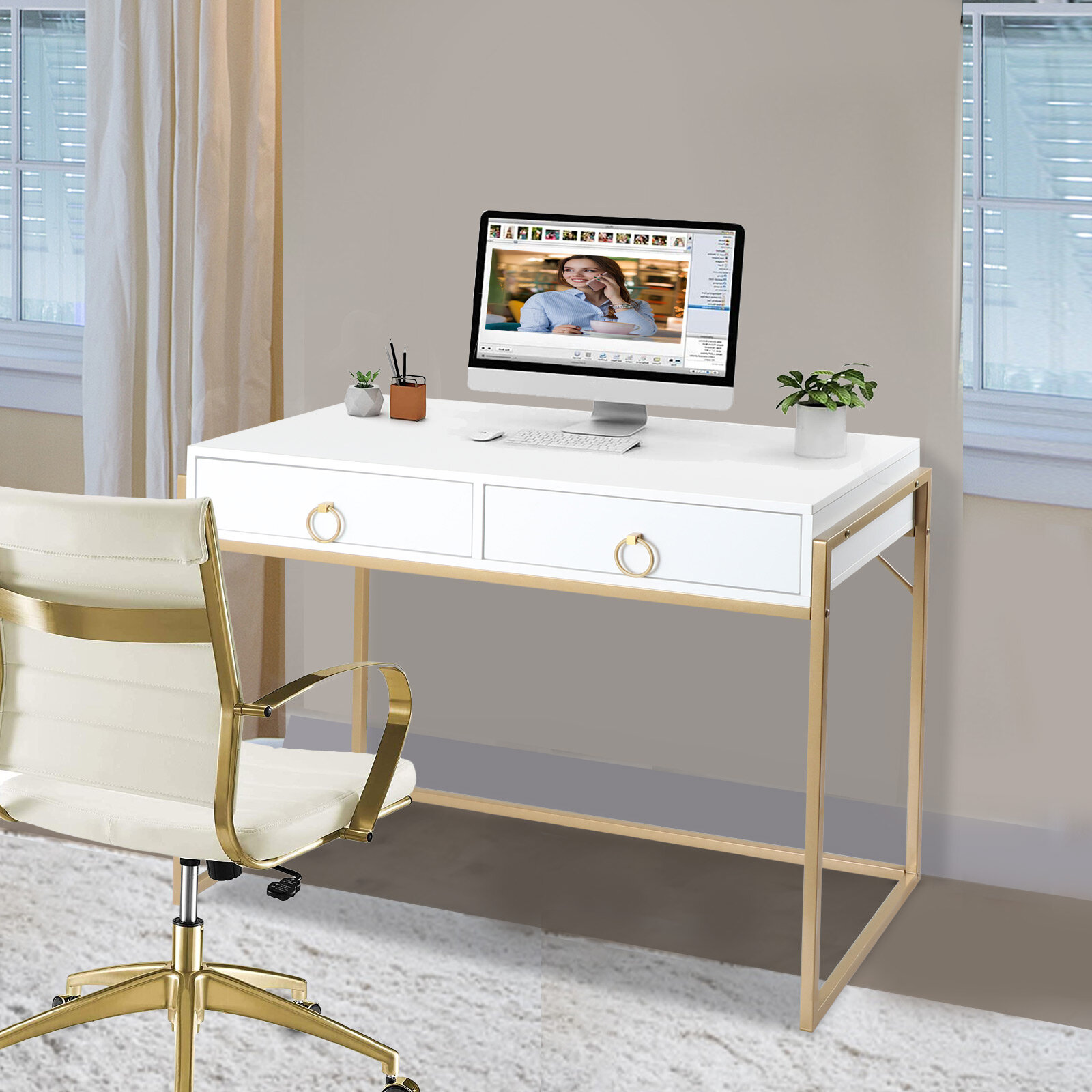 Everly Quinn 41 in Computer Desk With Two Drawers, White and Gold Modern  Study Writing Desk & Reviews