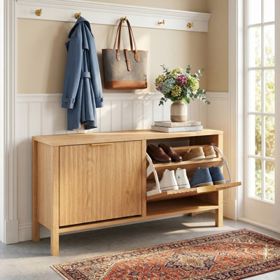 Sturdy Space Saving Narrow Wooden Entryway Shoe Storage Bench With 2 Flip Drawers For Hallway Foyer Organization Use