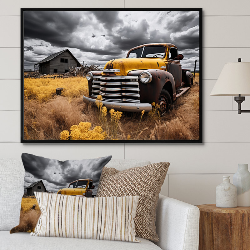 Yellow Pickup Truck Rustic Rides I - Transportation Wall Decor, Cadre flottant noir, 16" H x 32" W