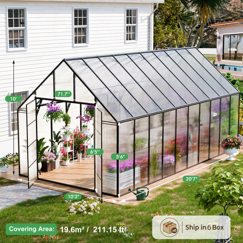 20X10 FT Walk-In Polycarbonate Greenhouse With Aluminum Frame, Lockable Door & Ventilation Window, Green House For Outdoors