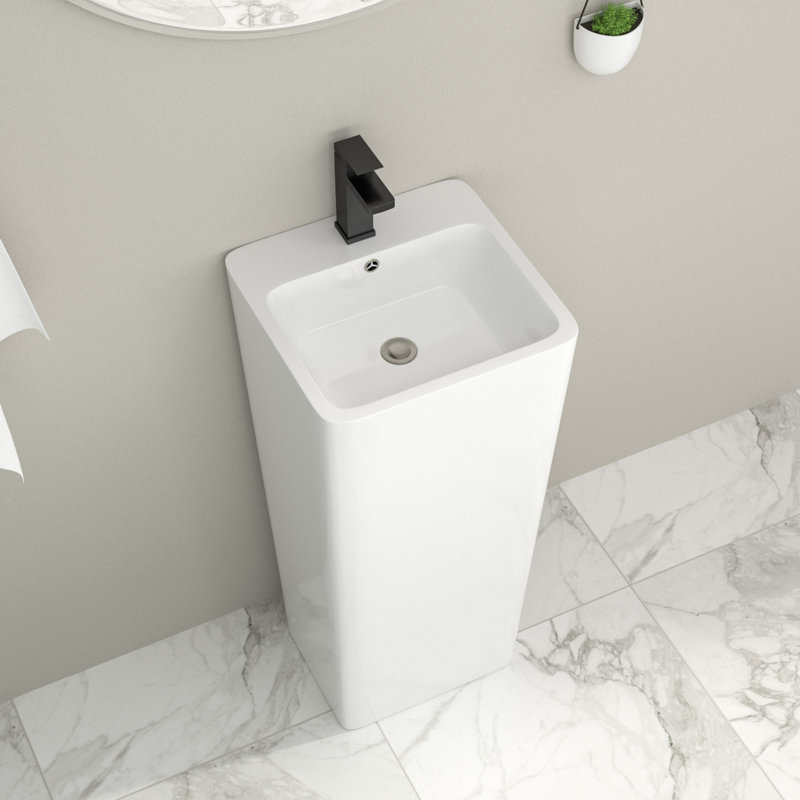 33" Tall 16" Ceramic Rectangle Pedestal Sink One-Piece Vitreous China Modern Pedestal Sink With Overflow