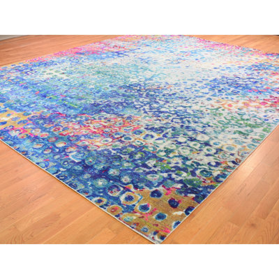 One-of-a-Kind 11'10" x 15' New Age Rectangle Cotton and Silk Area Rug in Blue and Ivory