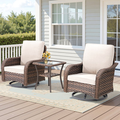 Ensemble de meubles d'extérieur 3 pièces, chaise berçante pivotante pour l'extérieur, ensemble bistro de patio en osier avec tablette latérale pour terrasse, beige