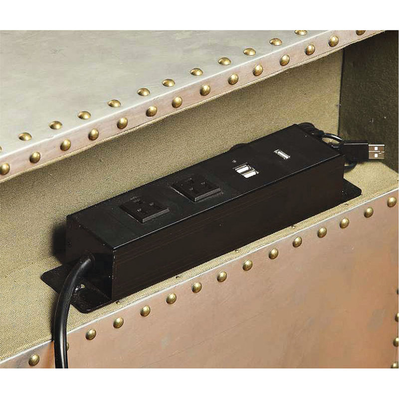 Table de chevet argentée en aluminium avec station d'alimentation, 2 compartiments, conception portable rectangulaire fabriquée à partir de compartiments