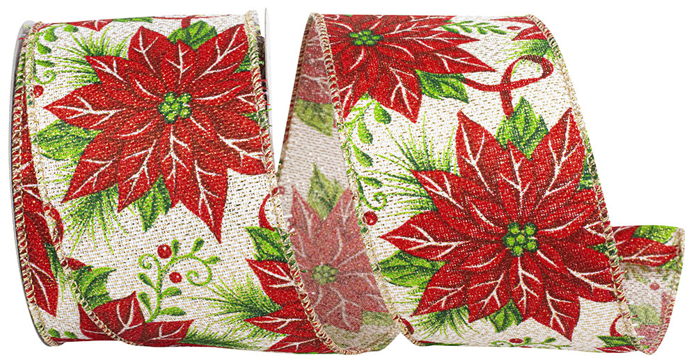 Poinsettia Red and Gold Wired Ribbon, 2-1/2 x 10 Yards
