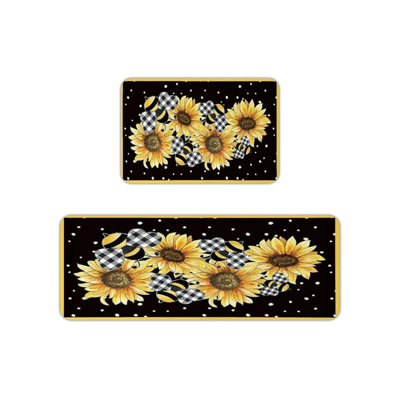Buffalo Plaid Bee Sunflower Kitchen Mats for Kitchen & Farmhouse Decor, Yellow Black 2 Pcs