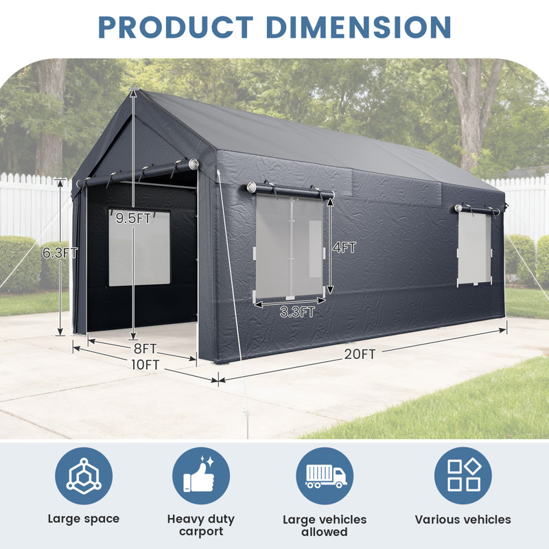 10 X 20ft Heavy Duty Carport, Portable Garage With Sidewalls, All Weather For Car, Storage & Tool Room, Gray, Gray