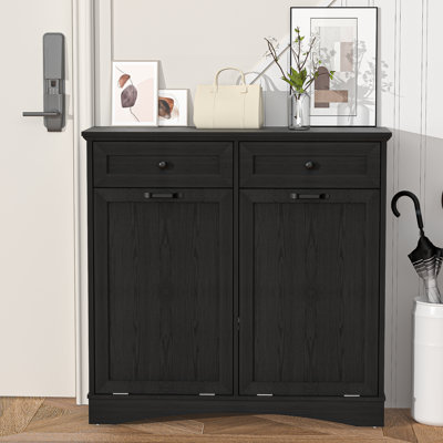 Double Tilt Out Trash Cabinet Freestanding Wooden Garbage Can Cabinet with Hideaway Drawers, 2x13 Gallons Pet Proof Garbage Can Holder for Kitchen Living Room