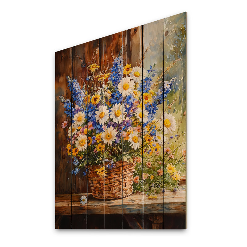 Country Charm Wildflowers At The Farm II - Assorted Bouquets Wood Wall Decor - On Natural Pine Wood, 20" H x 10" W x 0.78" D