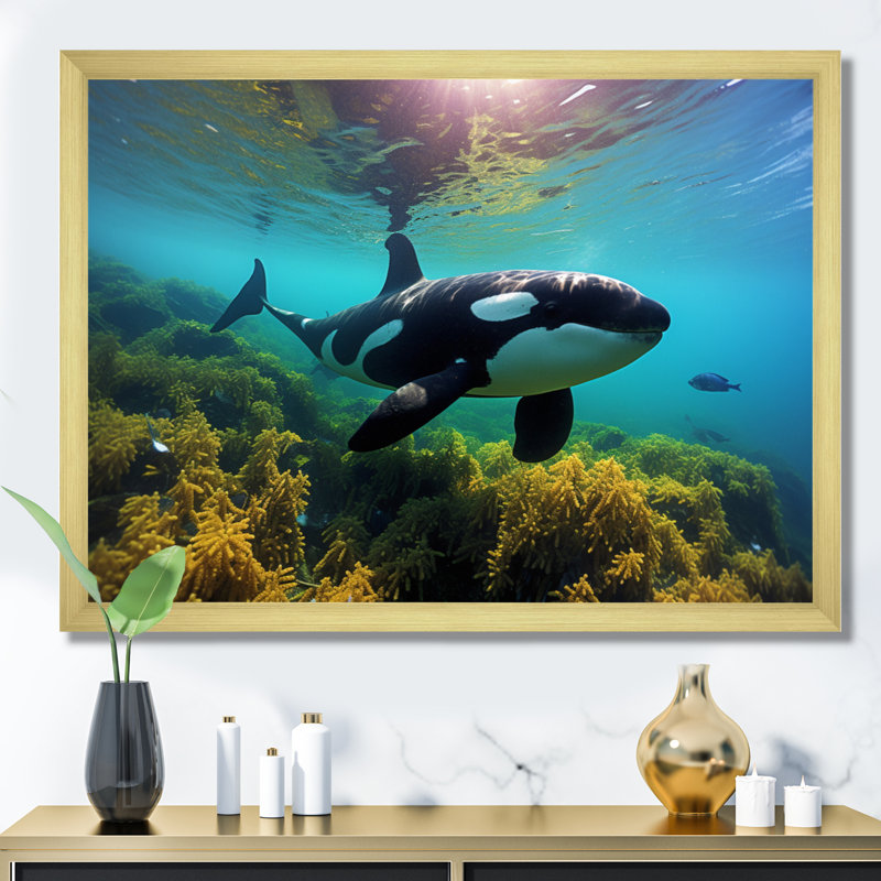Orcas majestueux sarcelle et animaux marins noirs sur toile, H 12 po x l 20 po x P 1 po, Encadrement doré