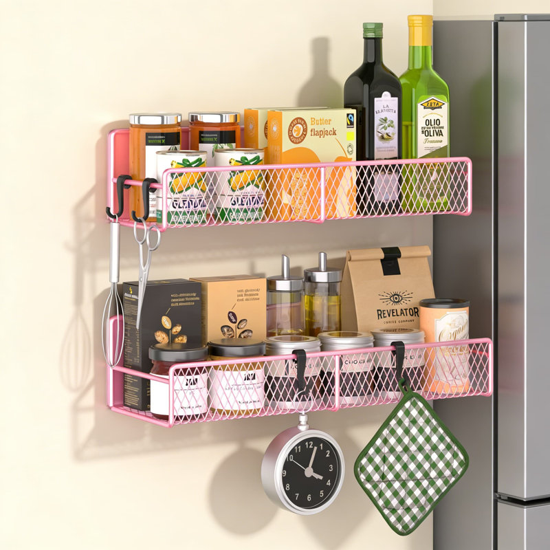 Support à épices magnétique pour réfrigérateur, paquet de 2 tablettes magnétiques en métal avec crochets, organisateur de cuisine peu encombrant pour réfrigérateur, salle de lavage ou toute surface métallique