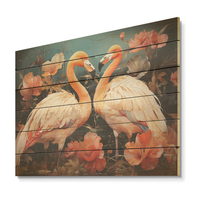 Graceful Orange Flamingo Ballet - Flamingo Wood Wall Art On Natural Pine Wood, 24" H x 32" W